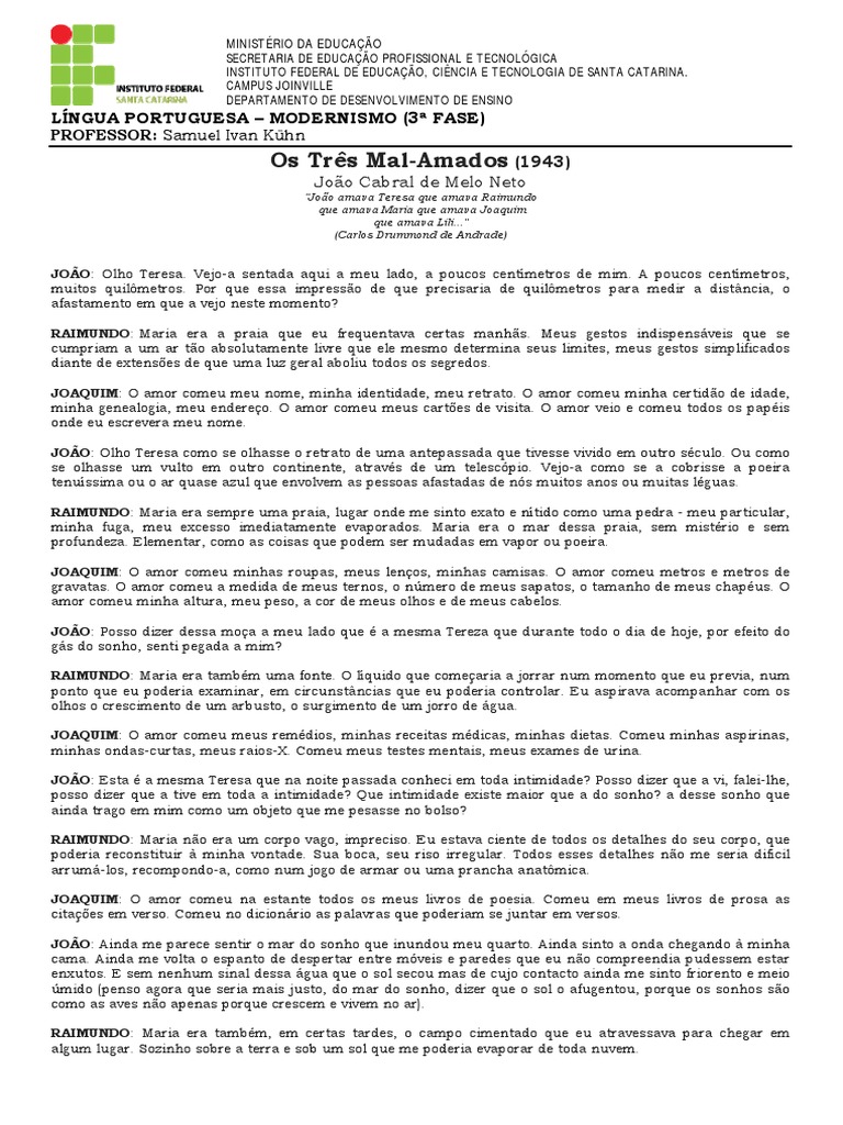 3Âª Fase Poesia Joao Cabral De Melo Neto Os Tres Mal Amados cabral de melo neto