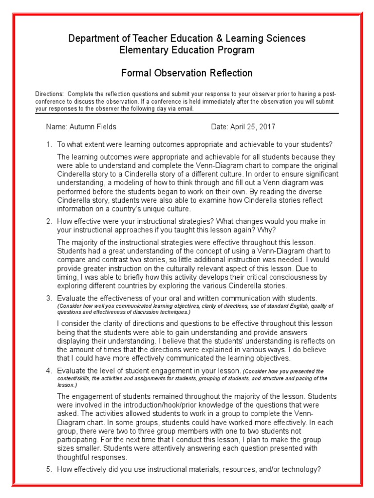 Postobservationreflection | PDF | Educational Assessment | Understanding