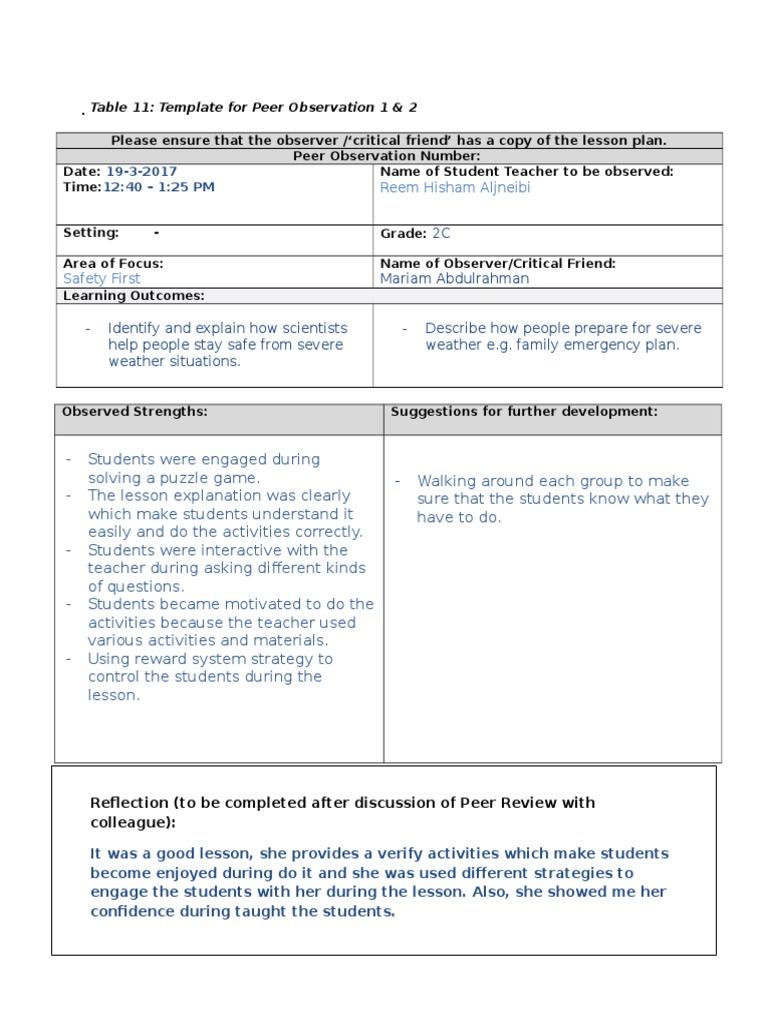 Peer Observation Template for Teachers | PDF | Educational Assessment ...