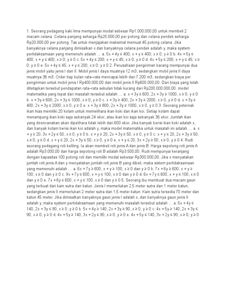 Contoh Soal Model Matematika