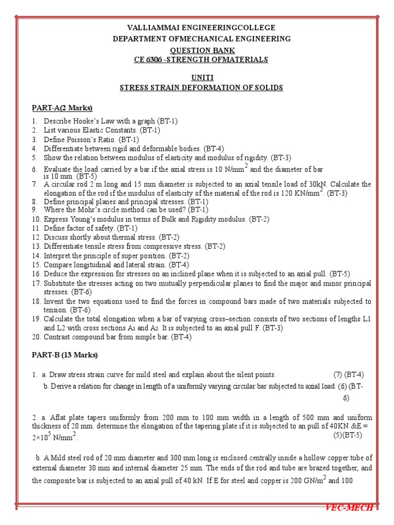 CE6306-Strength of Materials Notes | PDF | Bending | Stress (Mechanics)