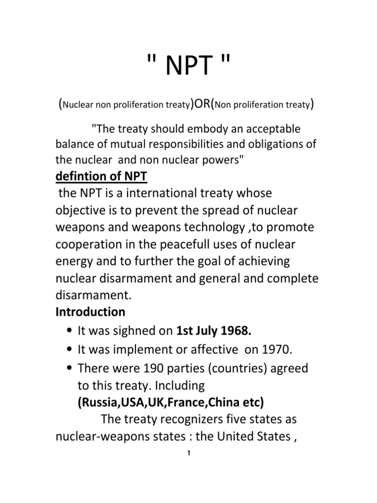 NPT Treaty PDF Treaty On The Non Proliferation Of Nuclear Weapons