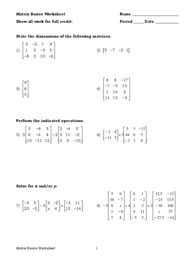 Matrix Worksheets 3 Sections Matrix Mathematics Matrix Theory