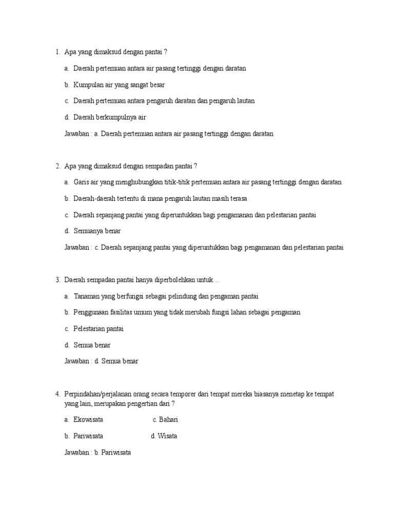 20 Soal Tanya Jawab Berbentuk Pilihan Ganda tentang Ekowisata Bahari