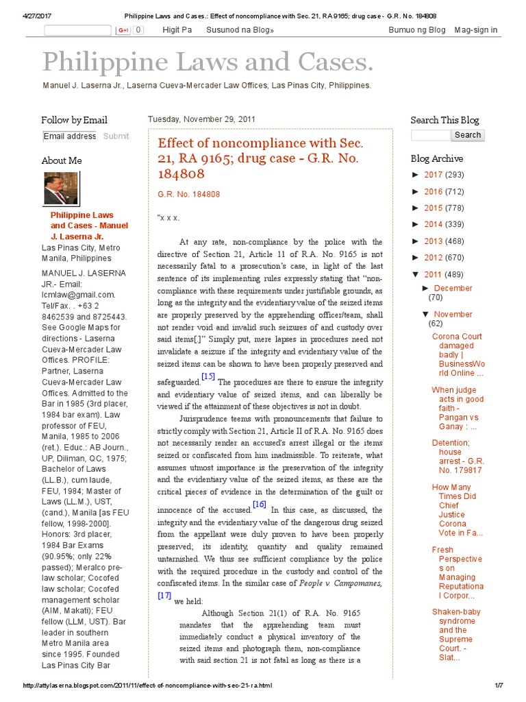 Philippine Laws and Cases. Effect of With Sec. 21, RA 9165 Drug Case G.R. No