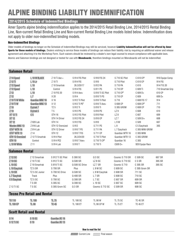 SALOMON Indemnified Bindings 2014 15 PDF Indemnity Individual Sports