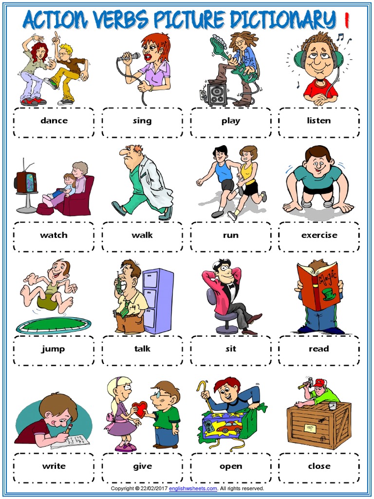 action verbs vocabulary esl picture dictionary worksheets