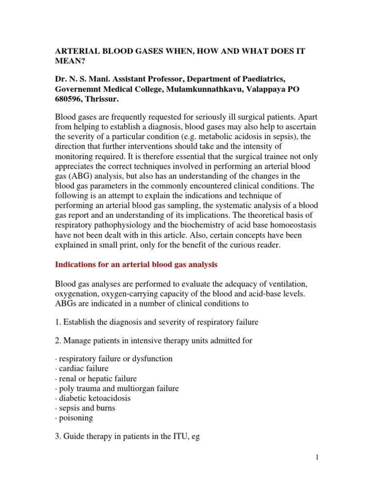 Arterial Blood Gas Analysis | PDF | Hypoxia (Medical) | Respiratory System