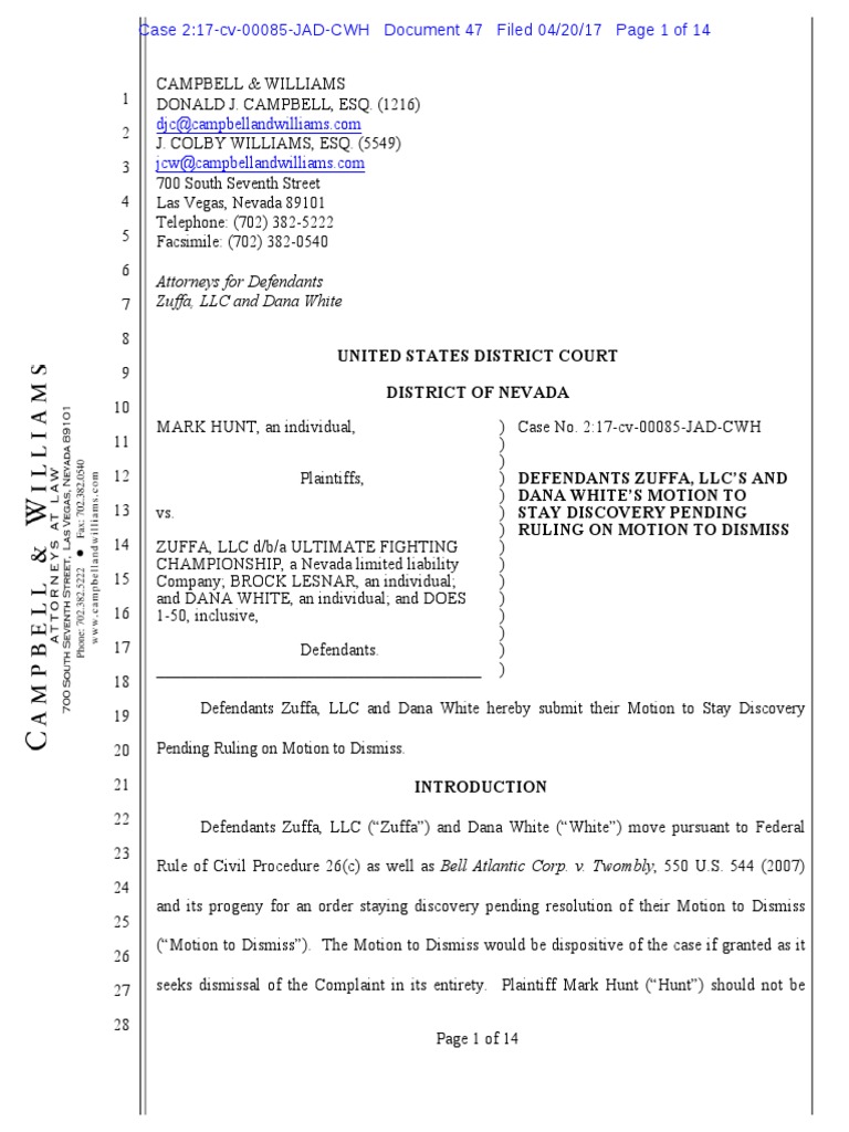 Motion to Stay Discovery Discovery (Law) Complaint
