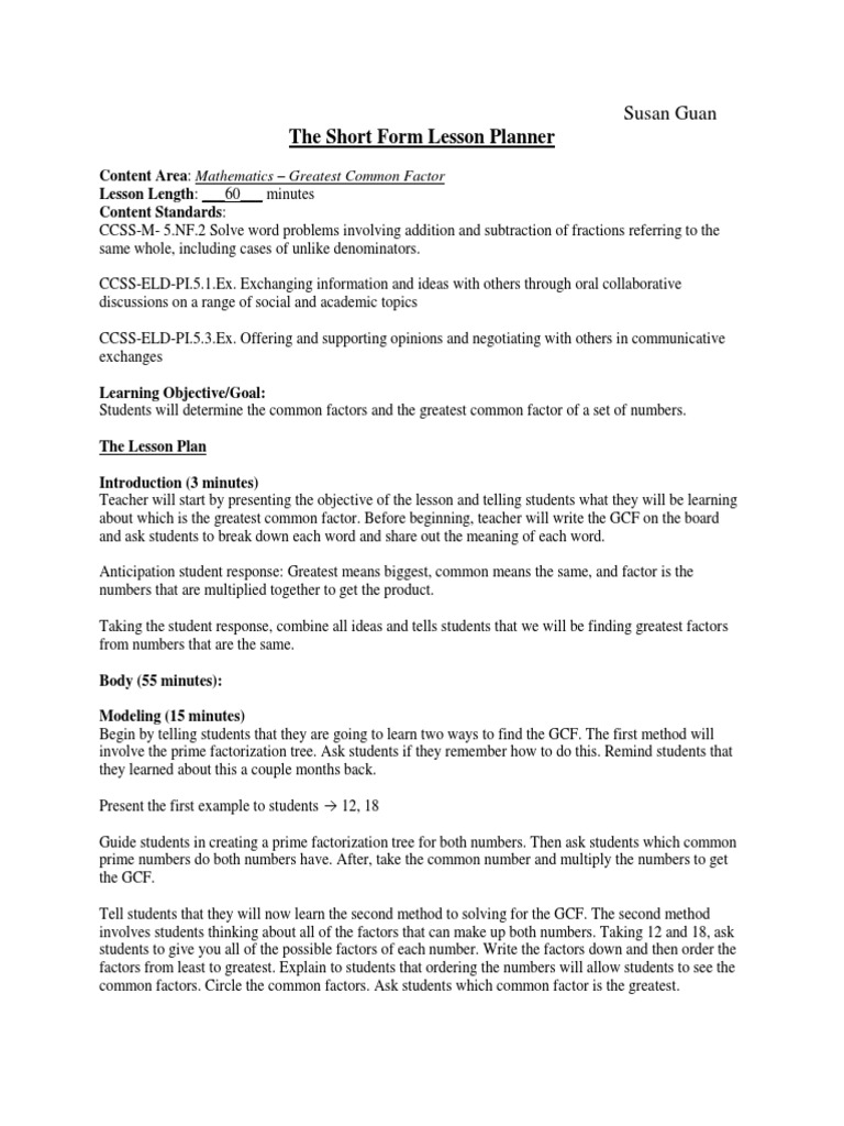 math5greatest common factor lesson plan Factorization Lesson Plan