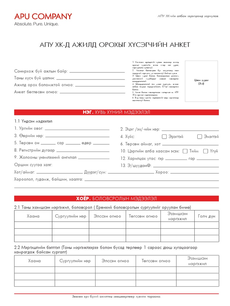 Ажил горилогчийн анкет | PDF