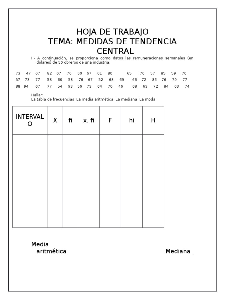 HOJA DE TRABAJO Medidas de Tendencia Central | PDF