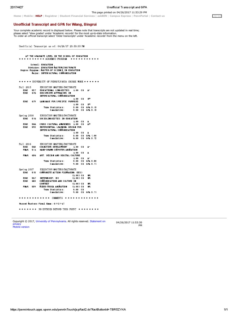 Unofficial Transcript and Gpa | PDF | Cross Cultural Communication ...