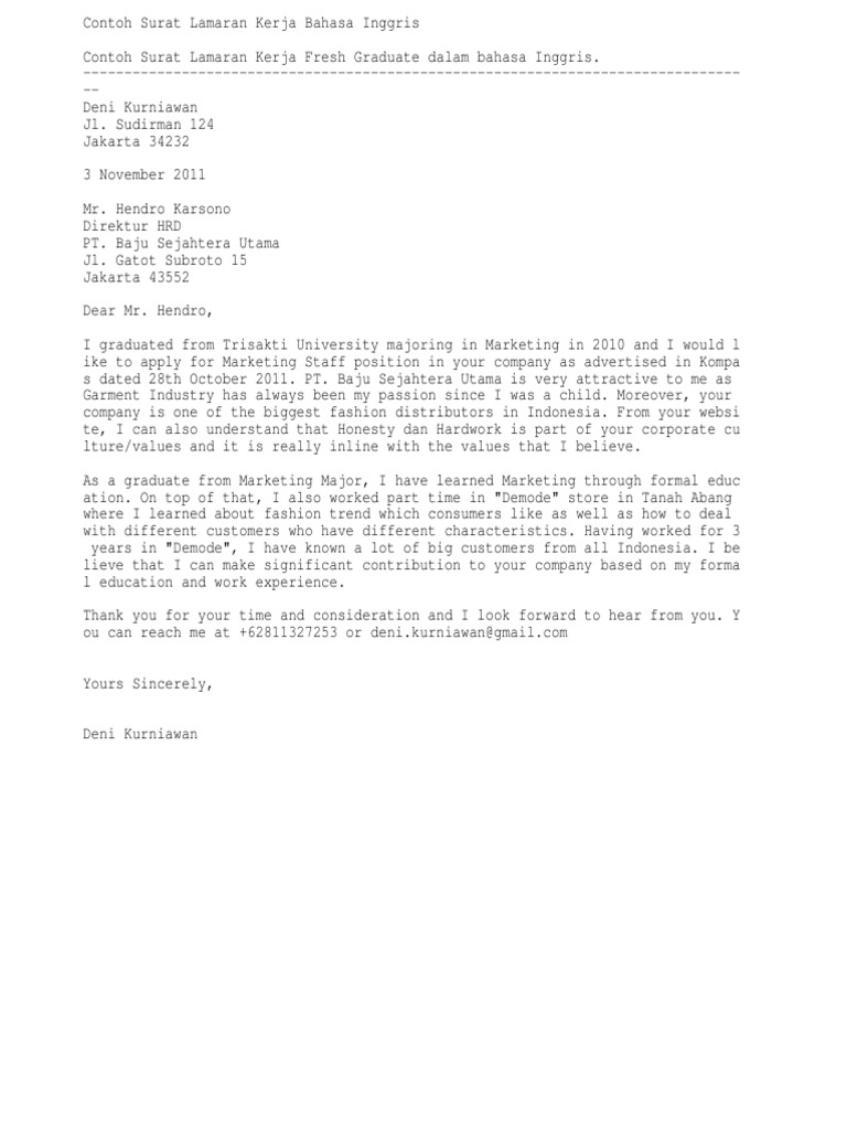 Contoh Surat Lamaran Bahasa Inggris Fresh Graduate - Simak 