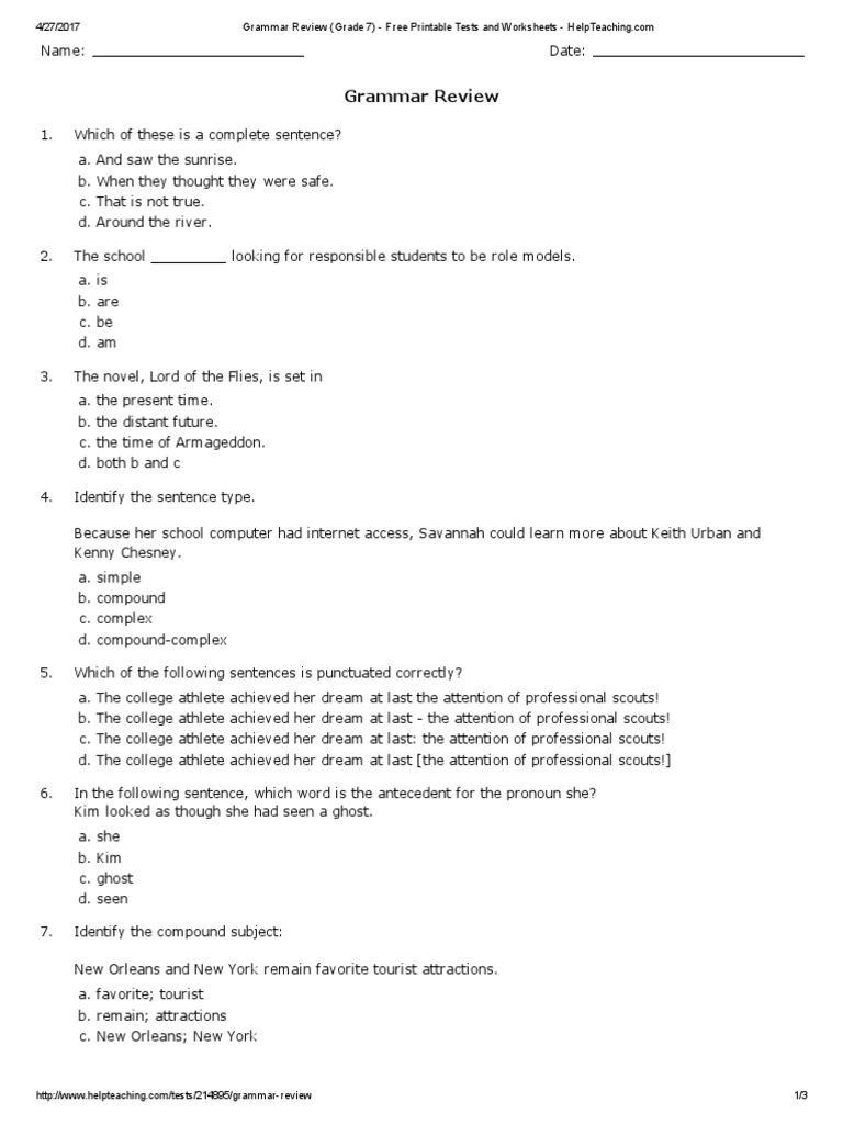 Grammar Review (Grade 7) Free Printable Tests and Worksheets