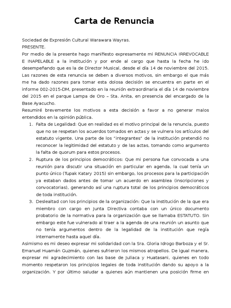 Carta de Renuncia Voluntaria  Democracia  Política