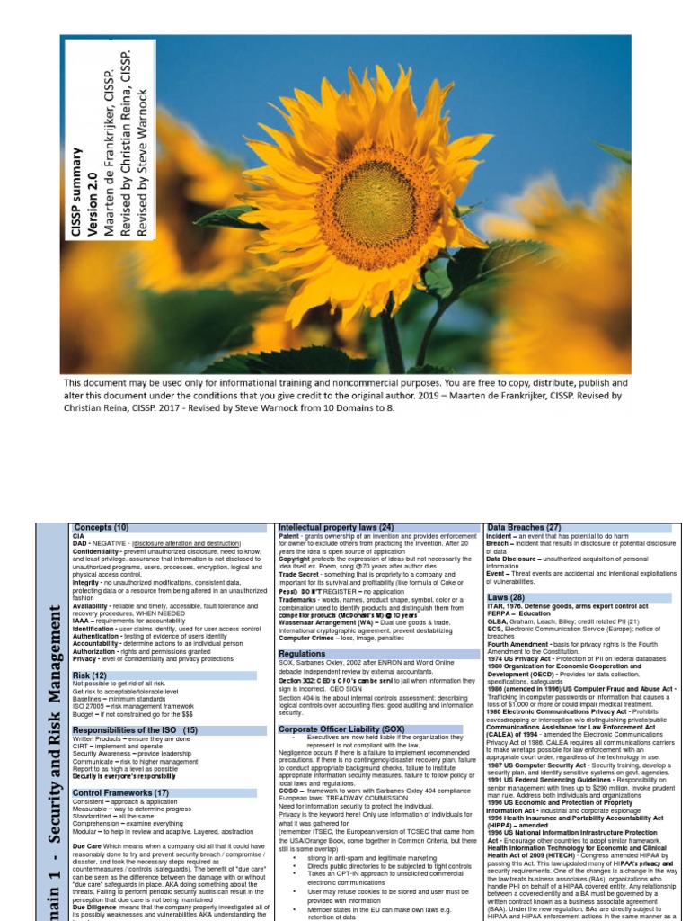 CISSP Summary V2 Sunflower PDF Information Security Health