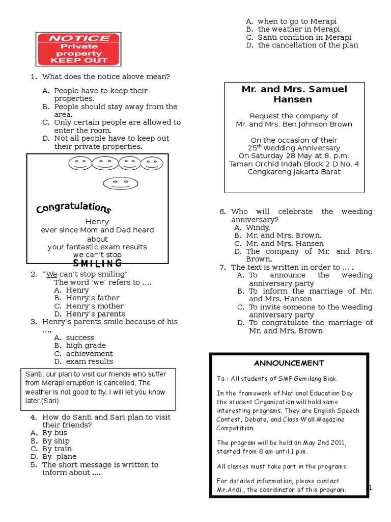 323048046 Contoh Soal Un Bahasa Inggris Smp Paket 1 Doc