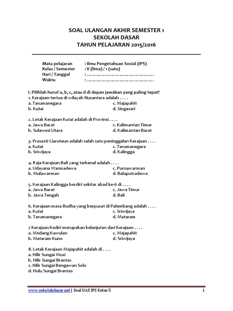Soal UAS IPS Kelas 5 Semester 1 PDF