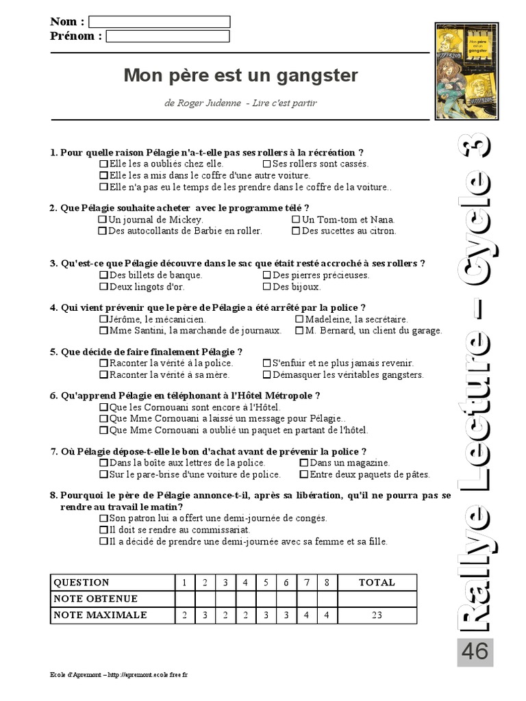 La Gloire De Mon Pere Questionnaire Lecture Fiche 46 - Mon Pere Est Un Gangster