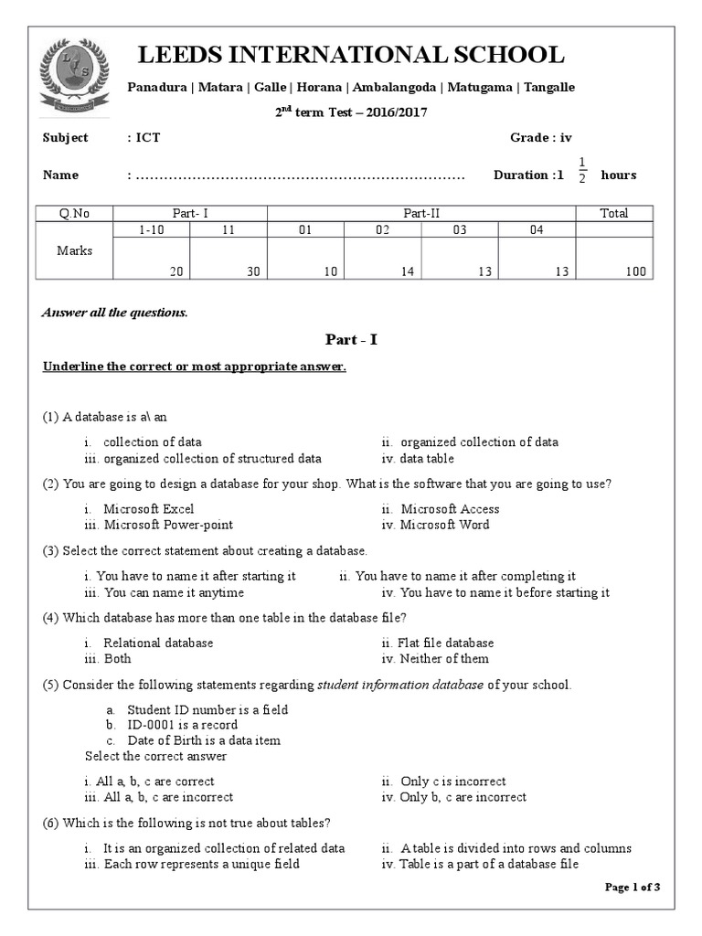 2nd Term Test PaperICT KS4 PDF Comma Separated Values Table (Database)