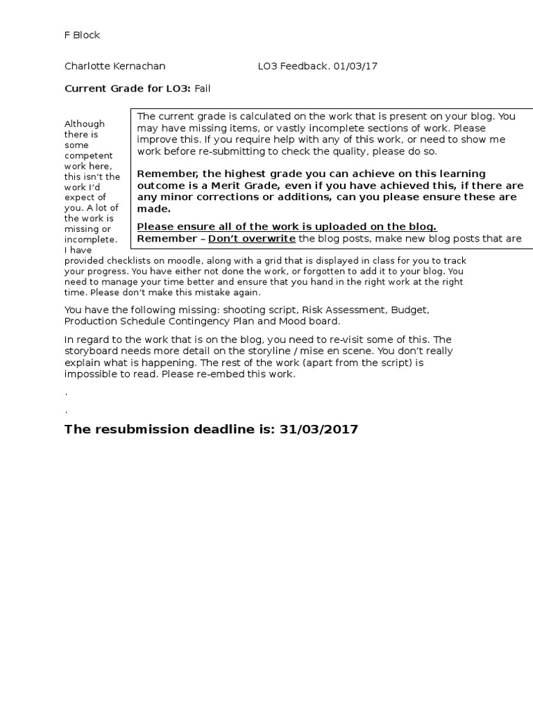 LO3 Feedback and Resubmission Guide | PDF | Career & Growth