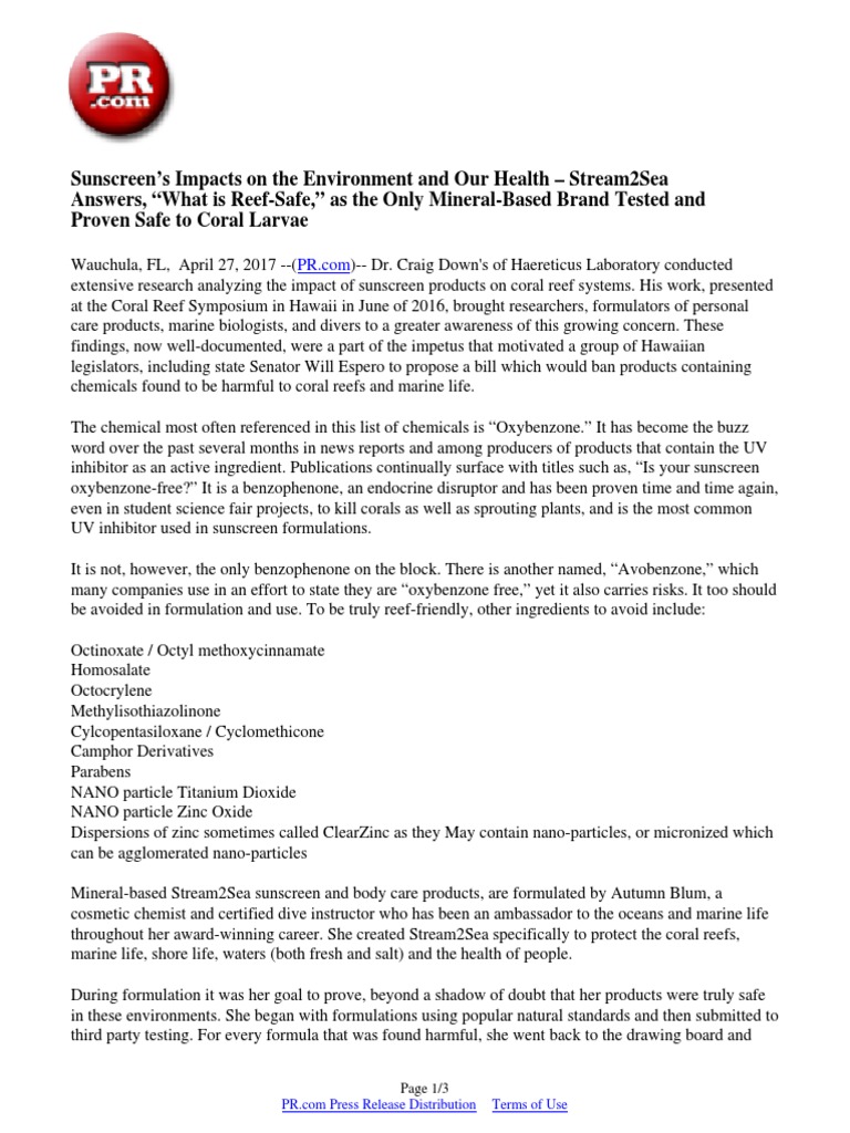 Reef-Safe Sunscreen: Stream2Sea's Impact | PDF | Sunscreen | Chemistry