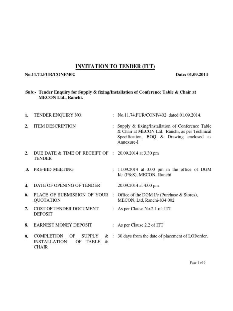 ITT For Supply & Fixing of Conference Table & Chair | PDF ...