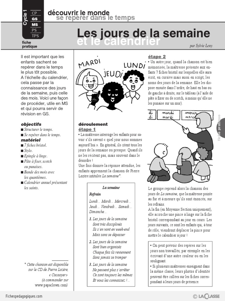 Fiche Pedagogique Les Jours De La Semaine Et Le Calendrier Pdf Pdf Calendrier