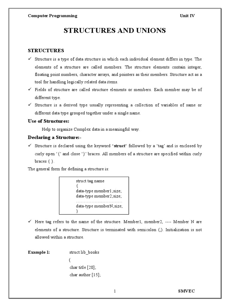 Structures and Unions in 'C' | PDF | Pointer (Computer Programming ...
