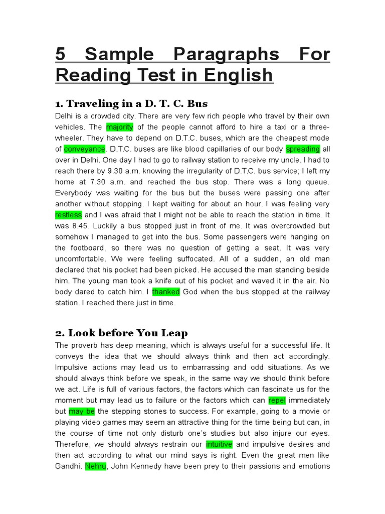 5 sample paragraphs for reading test in english pdf simple living bus