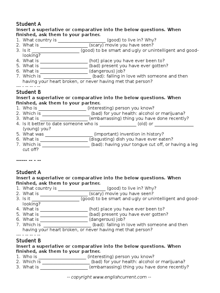 Comparatives Superlatives Conversation Questions PDF