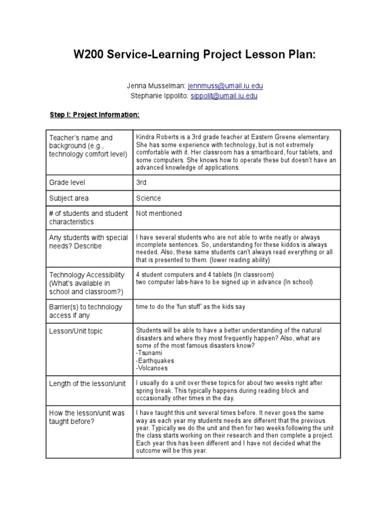 W200 Service-Learning Project Lesson Plan:: Step I: Project Information ...