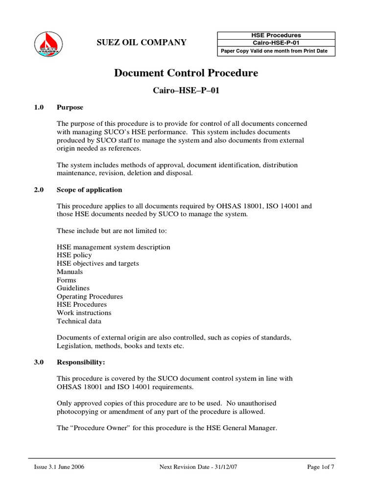 HSE-P-01 Document Control Issue 3.1 | PDF | Document | Email
