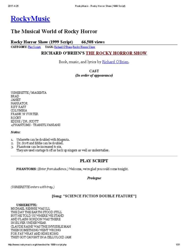 RockyMusic - Rocky Horror Show (1999 Script) | PDF | Leisure