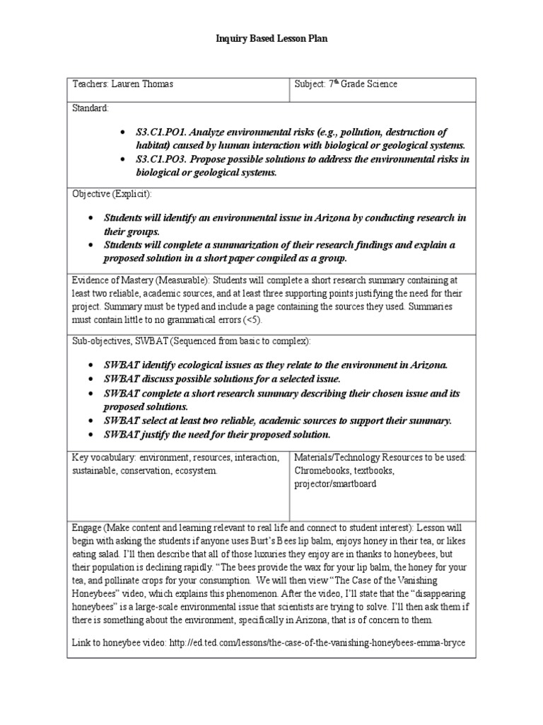 7th Grade Environmental Inquiry Plan | PDF | Honey Bee | Lesson Plan
