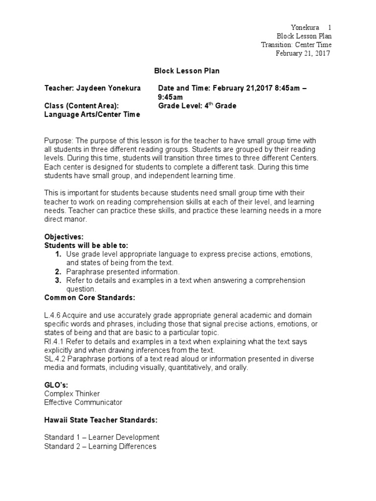 Block Lesson Plan Centers | PDF | Reading Comprehension | Lesson Plan