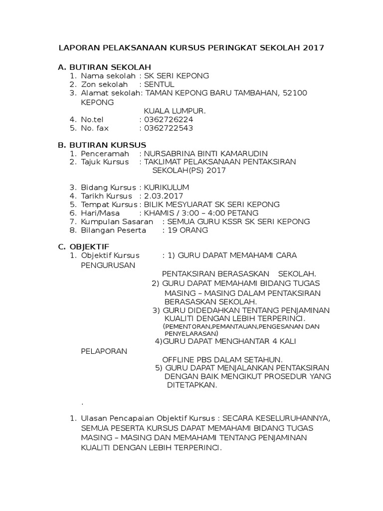 Laporan Pelaksanaan Kursus Peringkat Sekolah 2017 Pdf