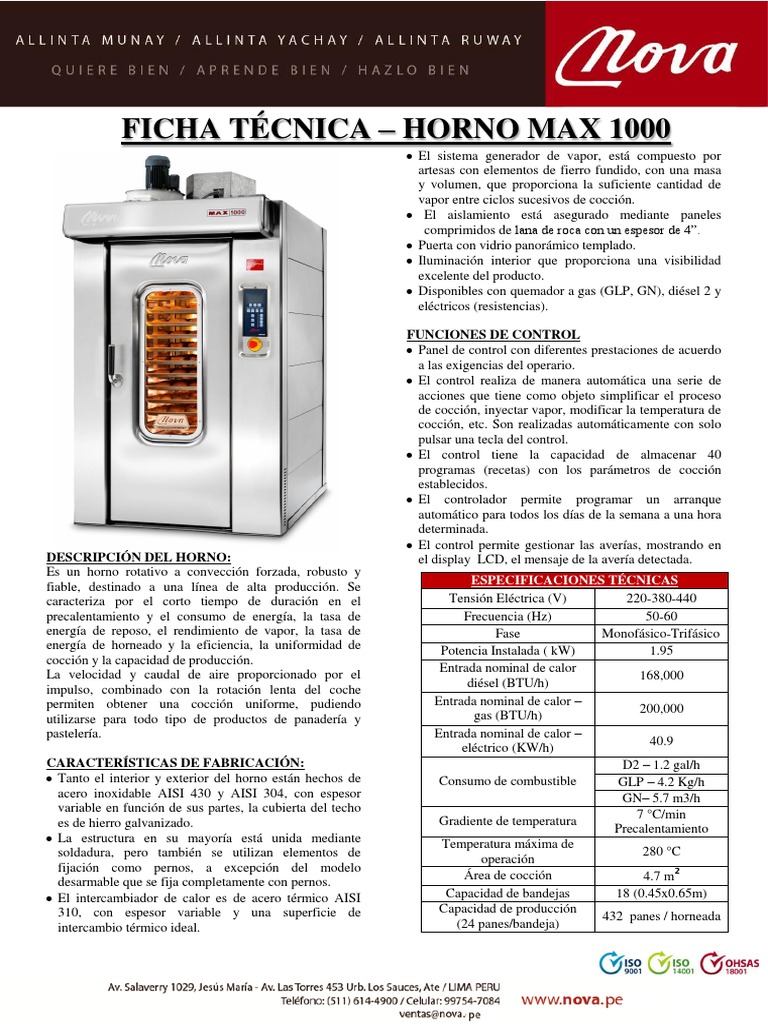 Ficha Técnica HORNO MAX 1000 PDF