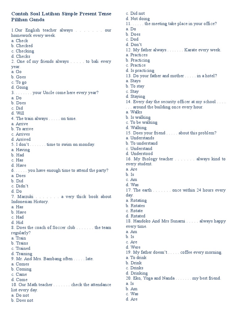 Contoh Soal Latihan Simple Present Tense Pilihan Ganda