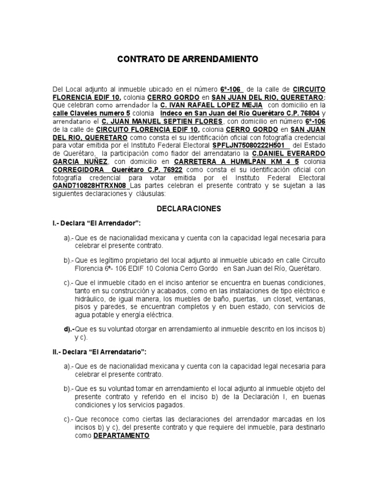 Contrato de Arrendamiento Alquiler Pagos