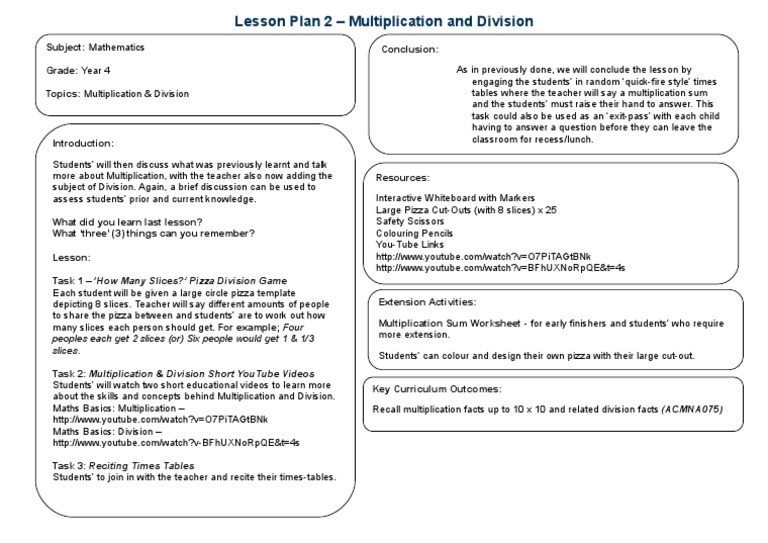 Year 4 Multiplication & Division Lesson Plan | PDF | Sharing | Lesson Plan