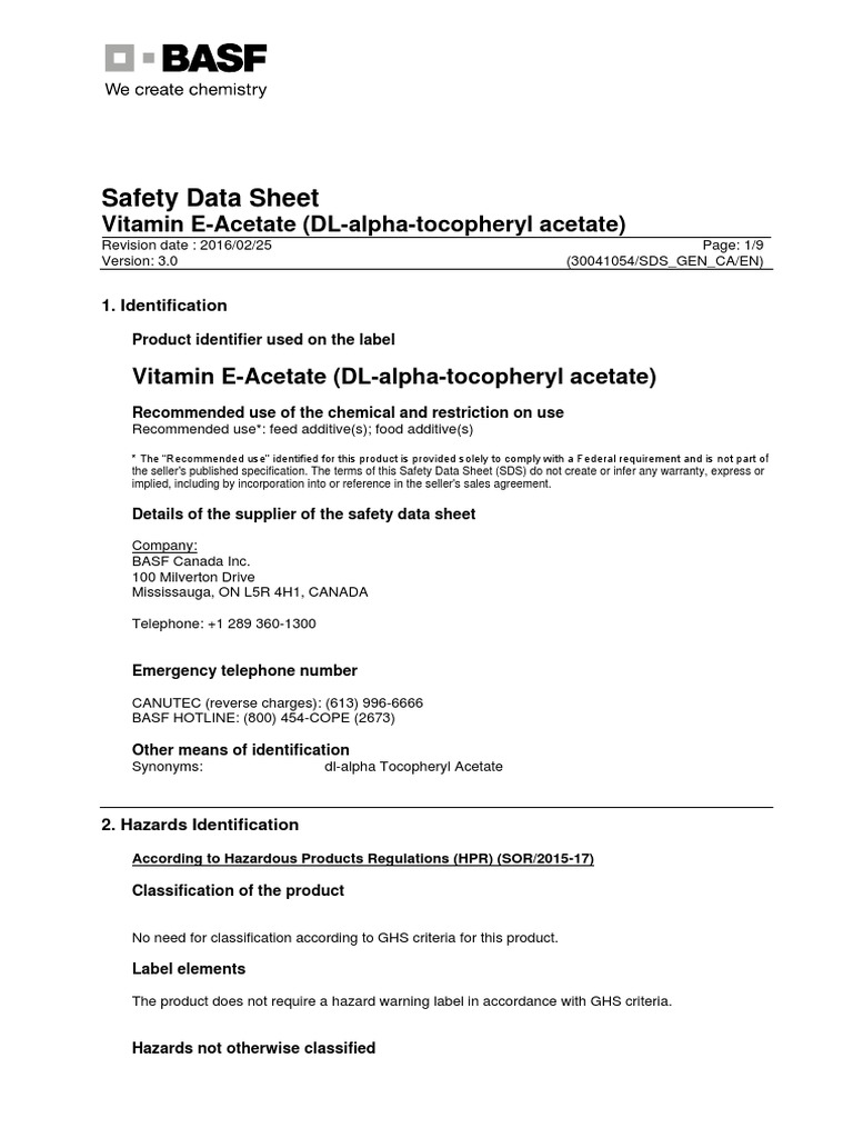 Vitamin e Acetate Msds Toxicity Firefighting