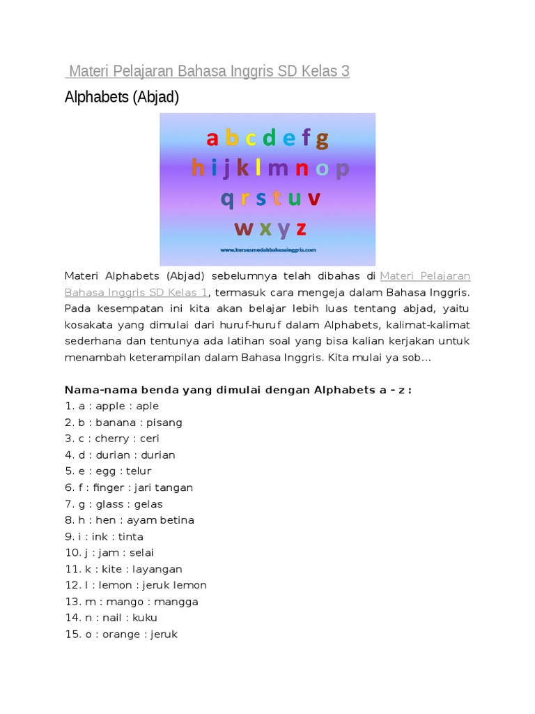 Materi Pelajaran Bahasa Inggris SD Kelas 3 Materi Pelajaran Bahasa Inggris SD Kelas 3