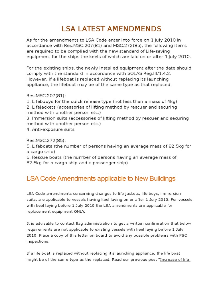 LSA Code Latest Amendments Overview | PDF | Water Transport | Ships