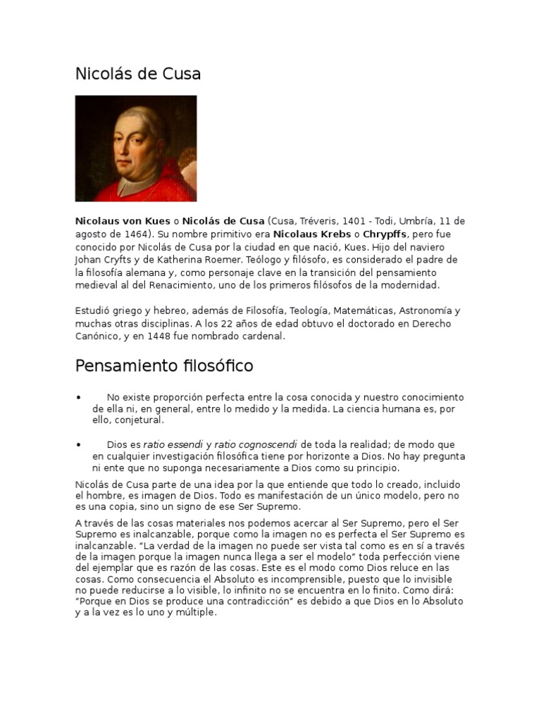 Nicolás de Cusa: Pensamiento y Biografía | PDF | Science | Ciencia