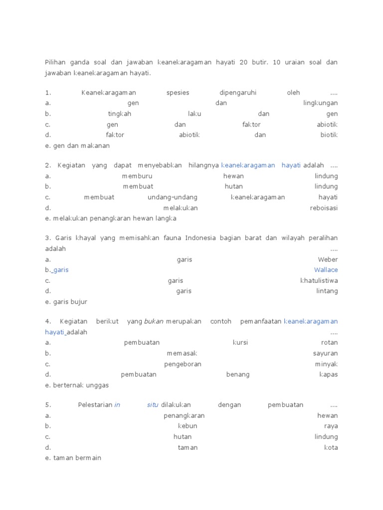 Pilihan Ganda Soal Dan Jawaban Keanekaragaman Hayati 20 Butir