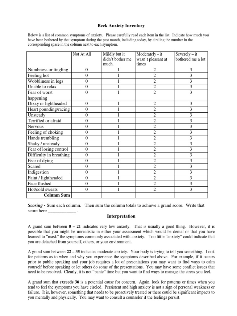 Beck youth inventory free download