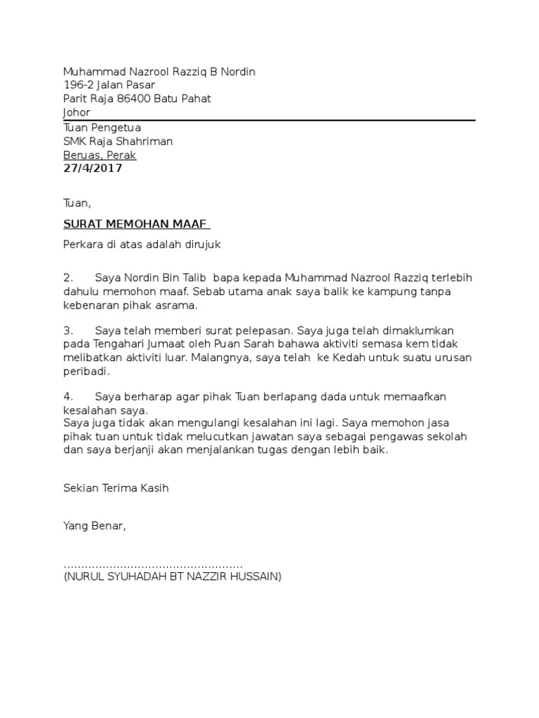 Surat Memohon Maaf Kepada Pensyarah