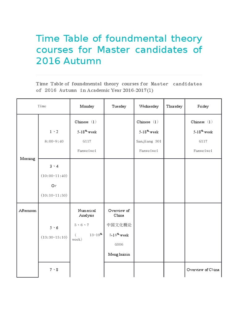 Time Table of Foundmental Theory Courses For Master Candidates of 2016 ...